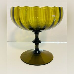 Vintage Avocado Green Glass Pedestal Scalloped Compote